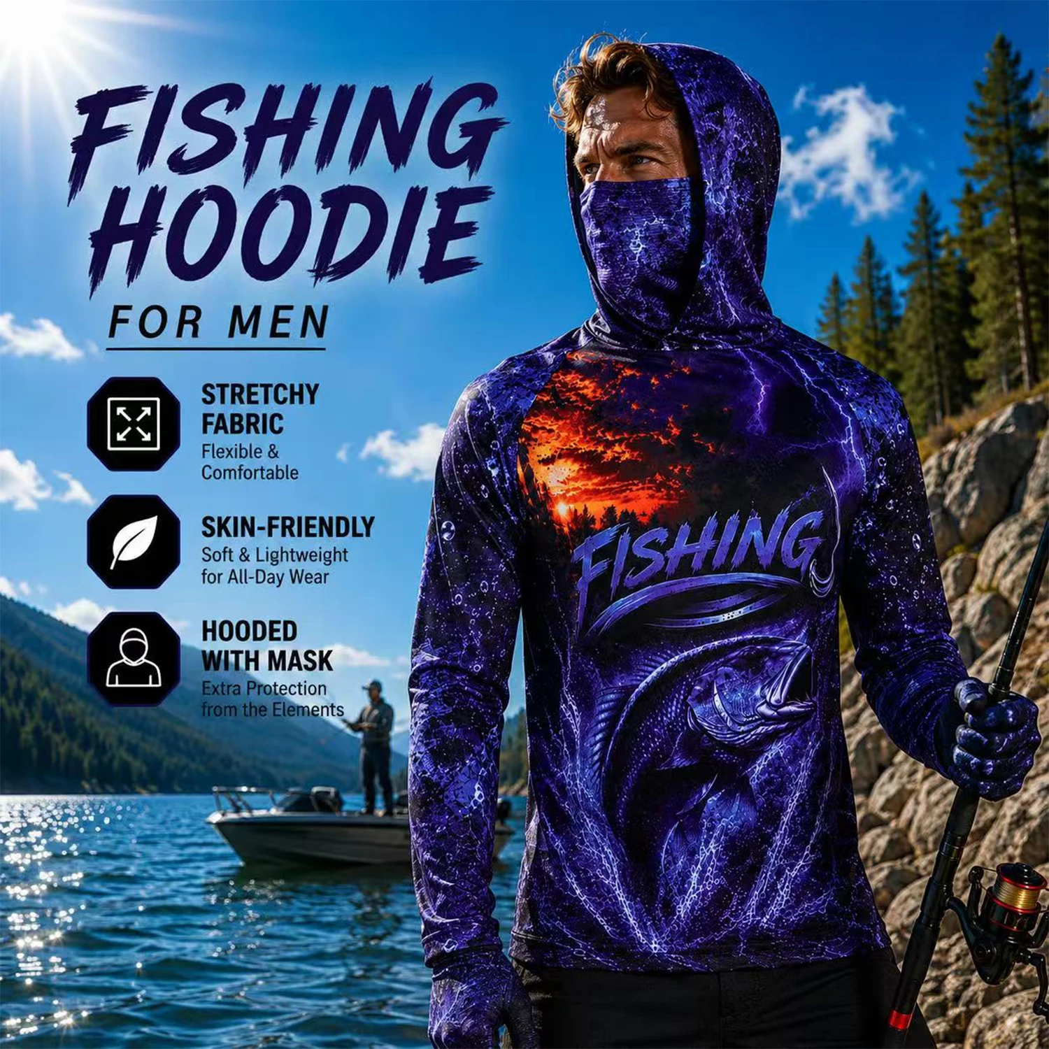 Fishing Shirt Uv Protection - Men Purple Bass Fish 3D Print